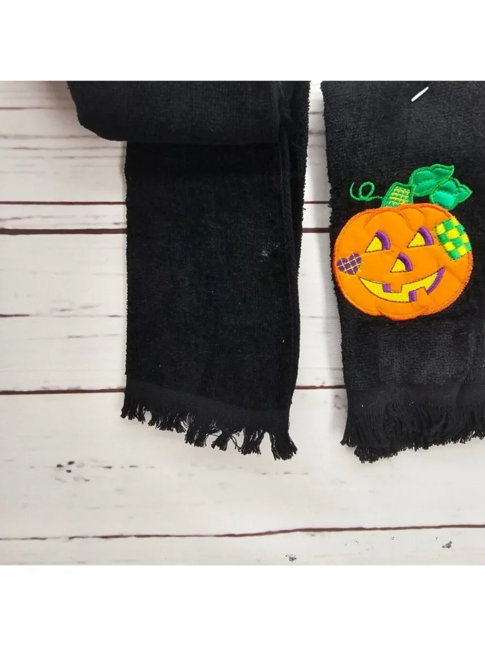 Halloween Black Hand Towels With Embroidered Pumpkin Design - Set Of 2 - Festive